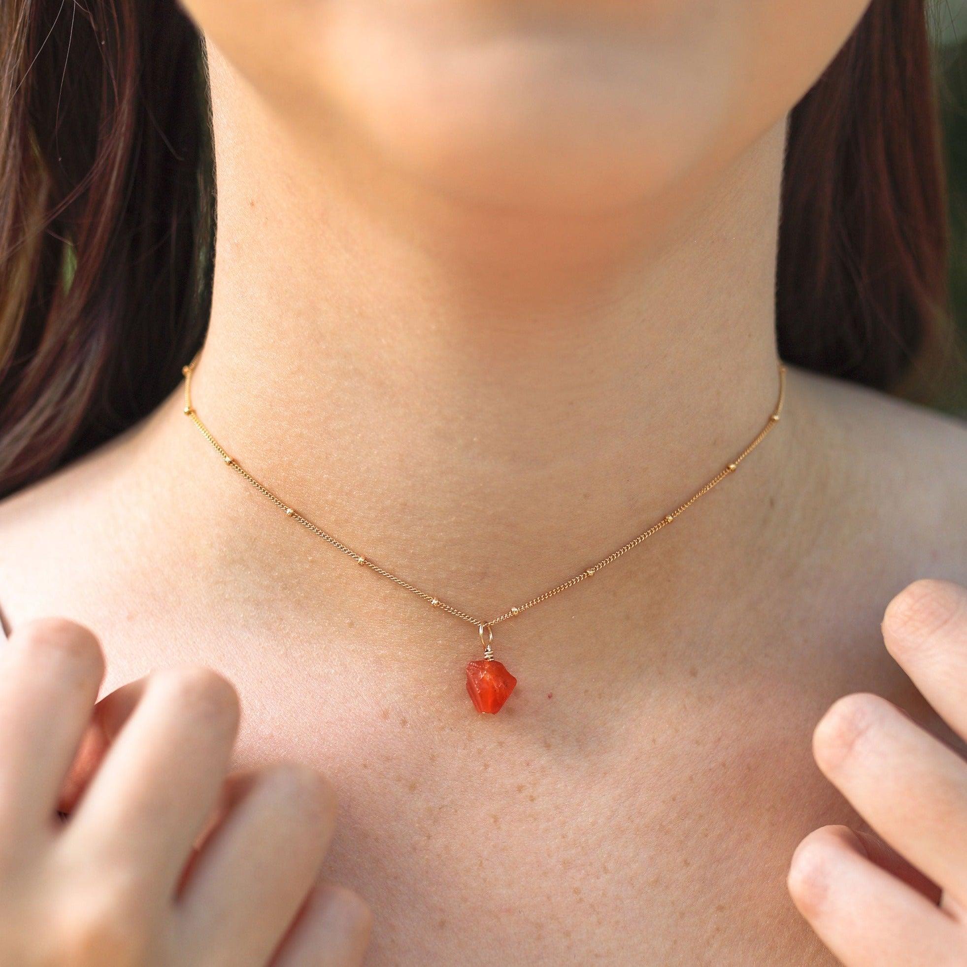 Tiny Rough Carnelian Gemstone Pendant Choker - Tiny Rough Carnelian Gemstone Pendant Choker - Sterling Silver / Cable - Luna Tide Handmade Crystal Jewellery