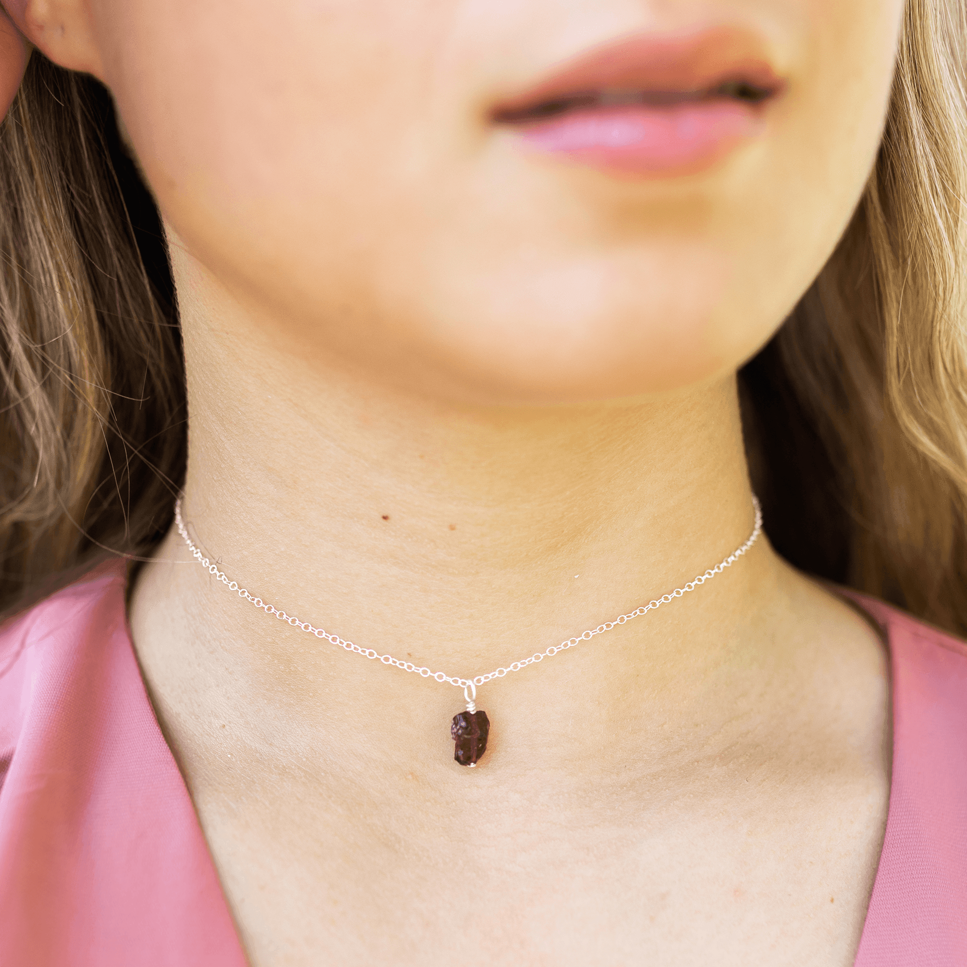 Tiny Rough Garnet Gemstone Pendant Choker - Tiny Rough Garnet Gemstone Pendant Choker - Sterling Silver / Cable - Luna Tide Handmade Crystal Jewellery