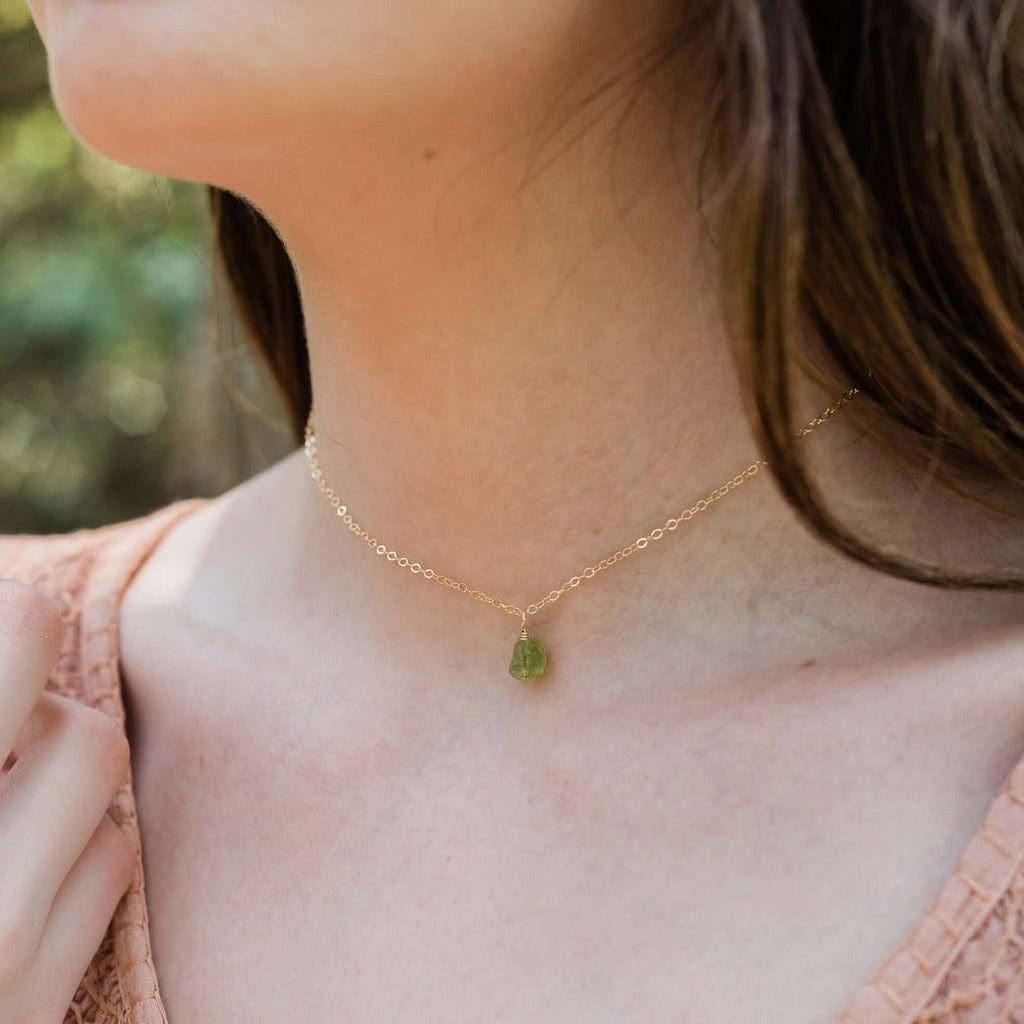 Tiny Rough Peridot Gemstone Pendant Choker - Tiny Rough Peridot Gemstone Pendant Choker - 14k Gold Fill / Cable - Luna Tide Handmade Crystal Jewellery