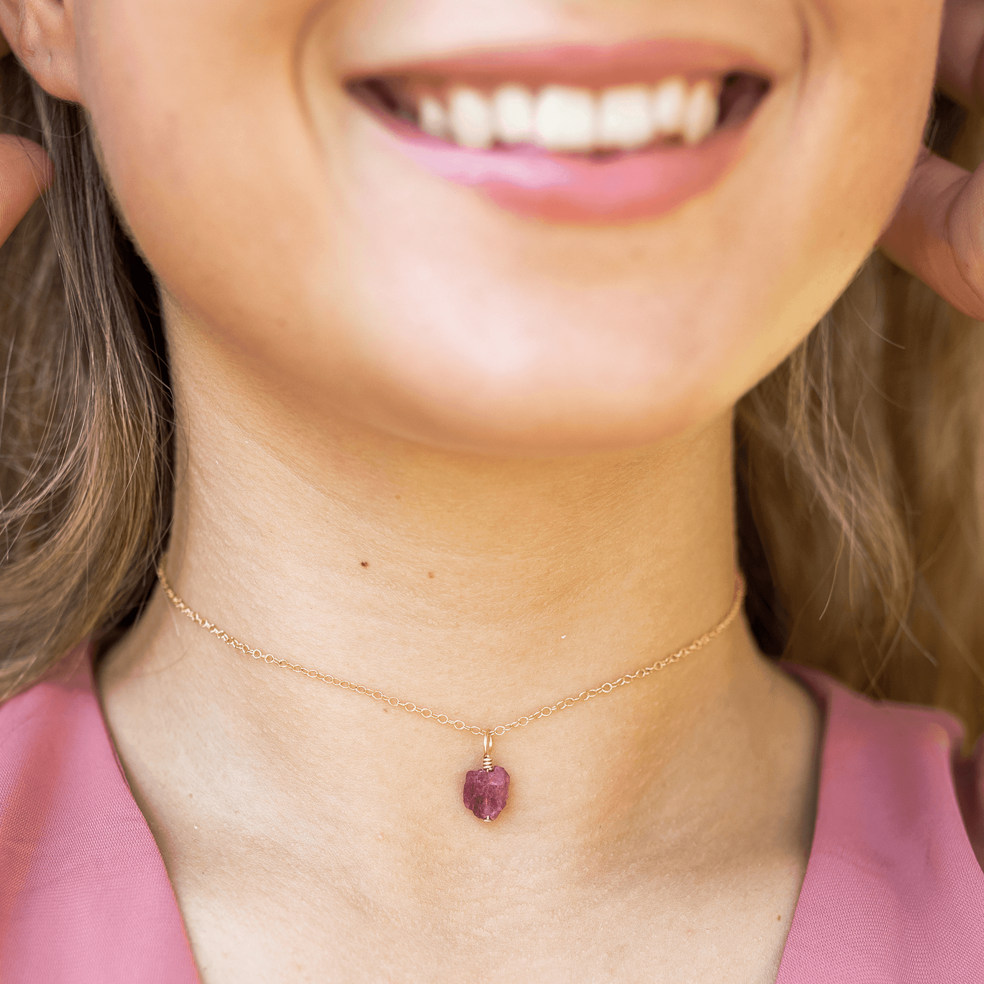 Tiny Rough Pink Tourmaline Gemstone Pendant Choker - Tiny Rough Pink Tourmaline Gemstone Pendant Choker - 14k Gold Fill / Cable - Luna Tide Handmade Crystal Jewellery