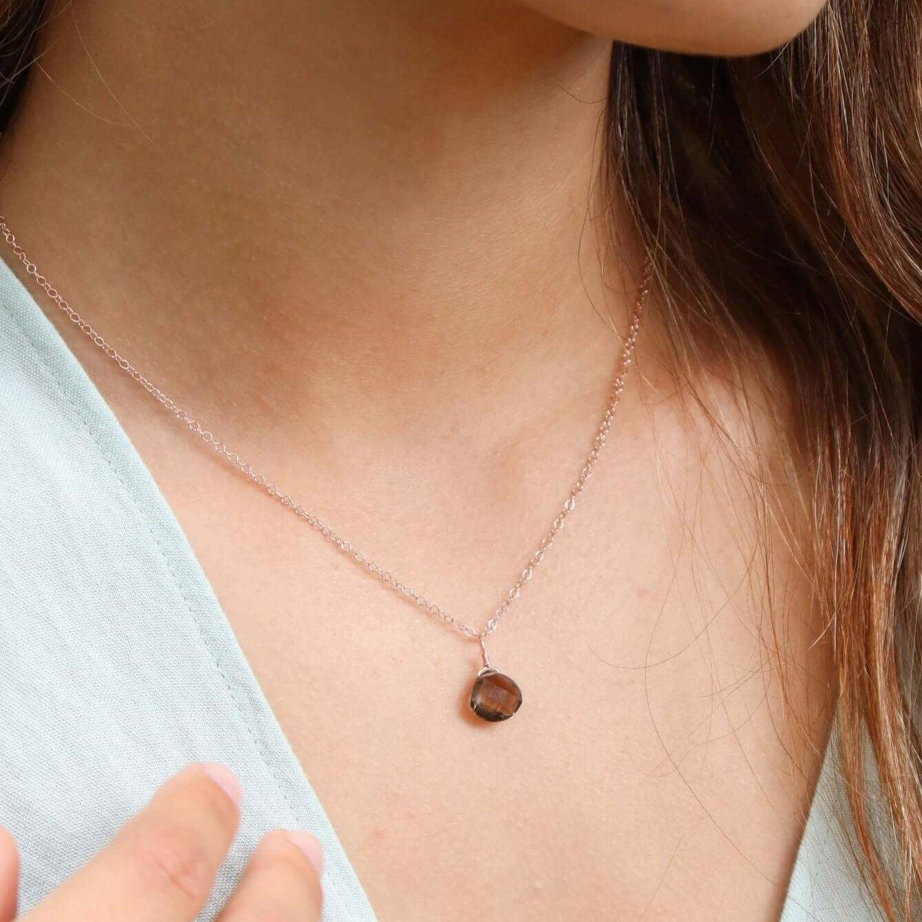 Tiny Smoky Quartz Teardrop Crystal Necklace - Tiny Smoky Quartz Teardrop Crystal Necklace - Sterling Silver / Cable - Luna Tide Handmade Crystal Jewellery