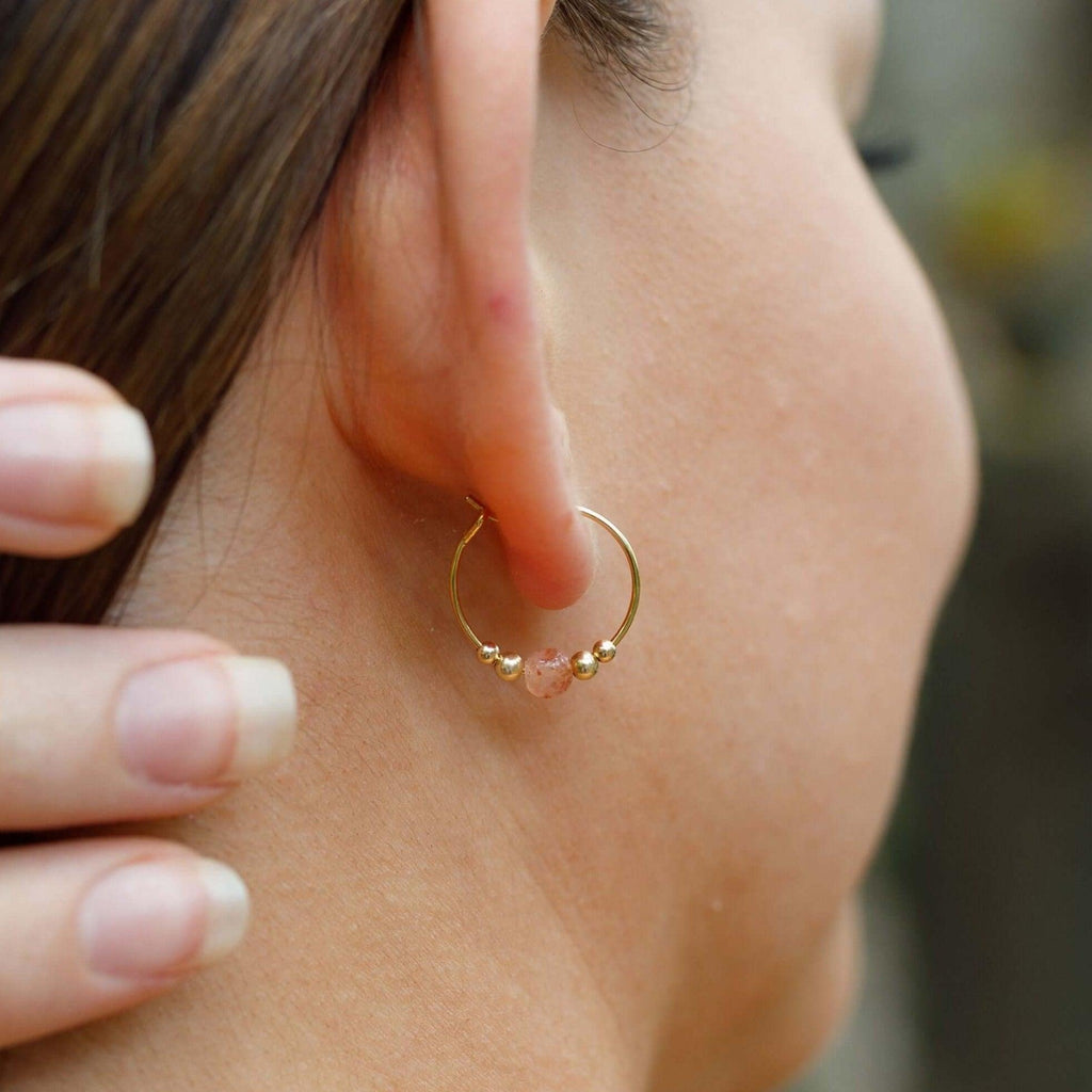 Tiny Sunstone Gemstone Bead Hoop Earrings - Tiny Sunstone Gemstone Bead Hoop Earrings - 14k Gold Fill - Luna Tide Handmade Crystal Jewellery