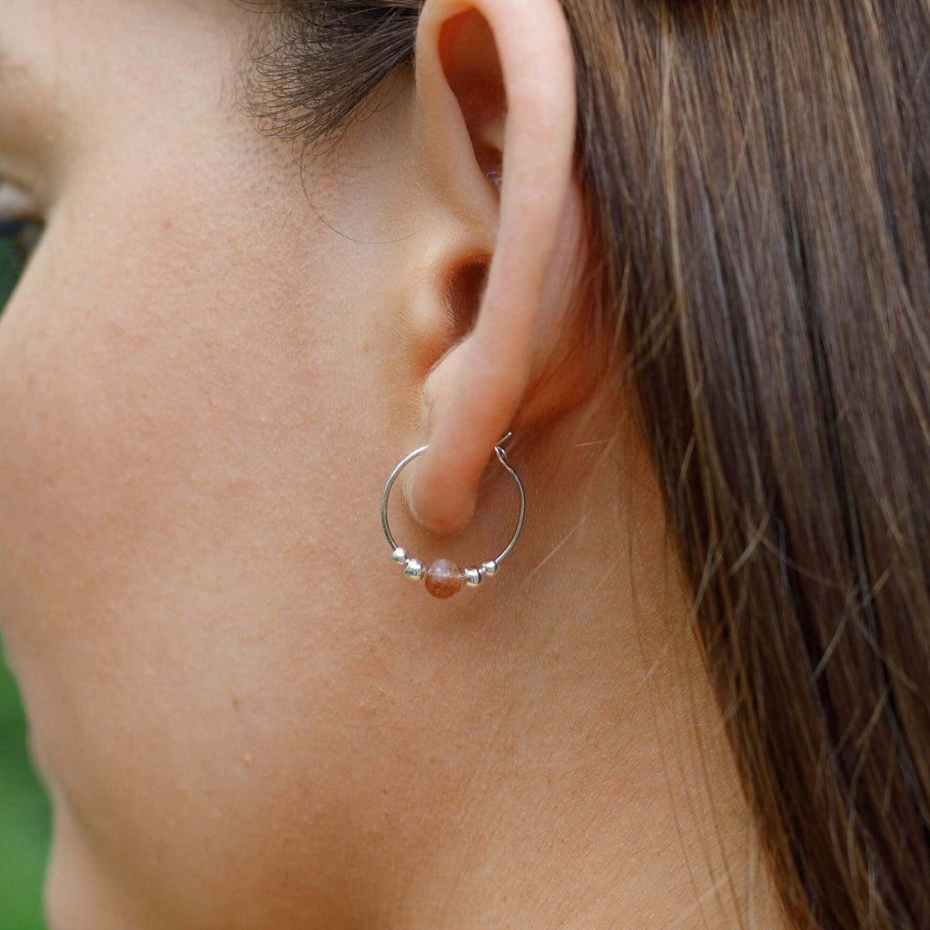 Tiny Sunstone Gemstone Bead Hoop Earrings - Tiny Sunstone Gemstone Bead Hoop Earrings - 14k Gold Fill - Luna Tide Handmade Crystal Jewellery