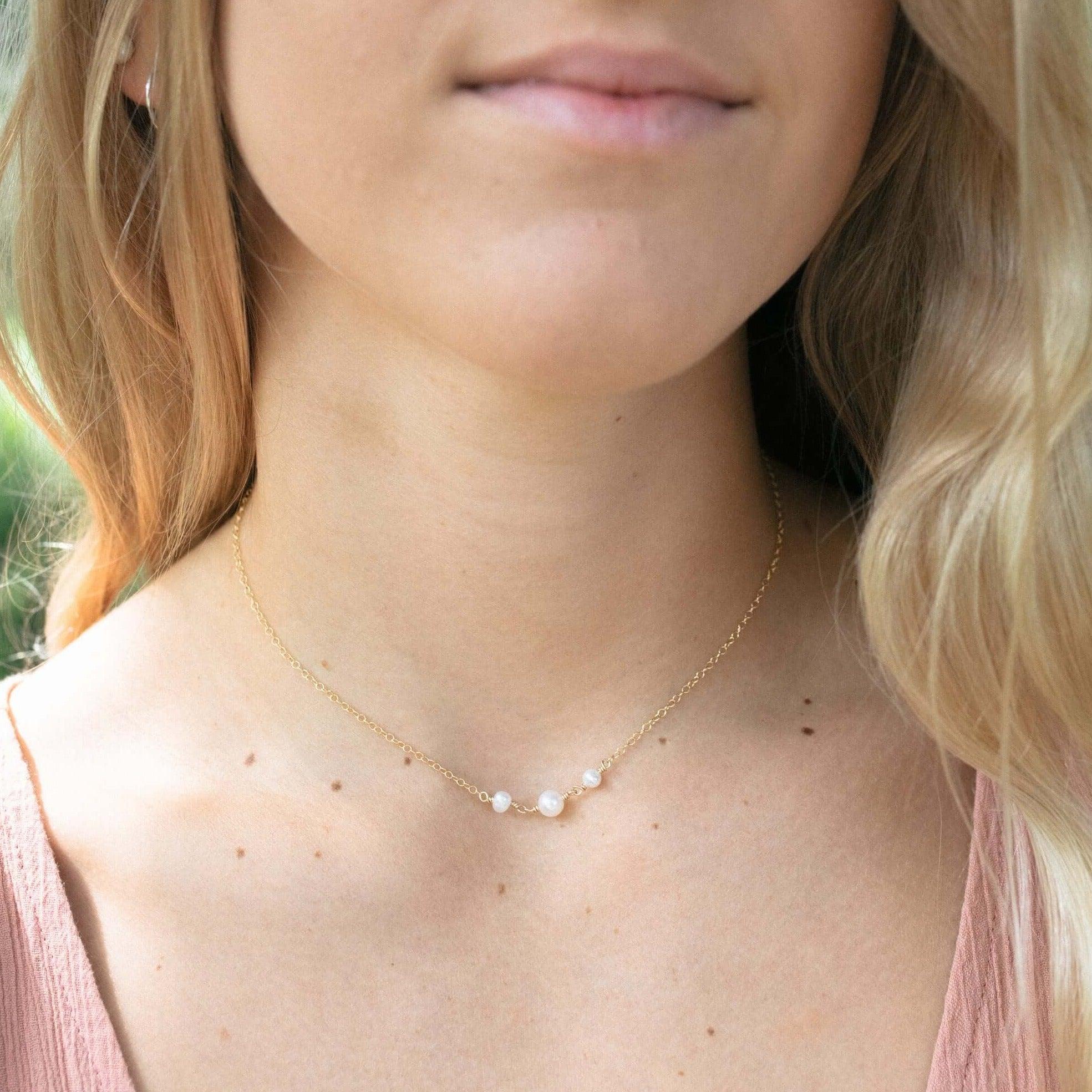 White Freshwater Pearl Beaded Chain Choker Necklace - White Freshwater Pearl Beaded Chain Choker Necklace - 14k Gold Fill - Luna Tide Handmade Crystal Jewellery
