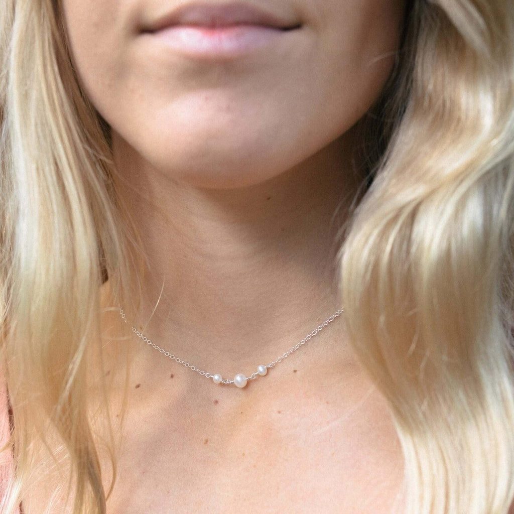 White Freshwater Pearl Beaded Chain Choker Necklace - White Freshwater Pearl Beaded Chain Choker Necklace - 14k Gold Fill - Luna Tide Handmade Crystal Jewellery