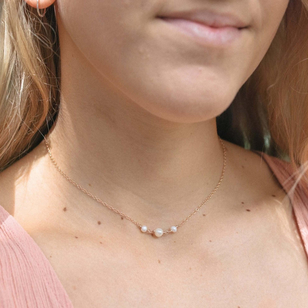 White Freshwater Pearl Beaded Chain Choker Necklace - White Freshwater Pearl Beaded Chain Choker Necklace - 14k Gold Fill - Luna Tide Handmade Crystal Jewellery