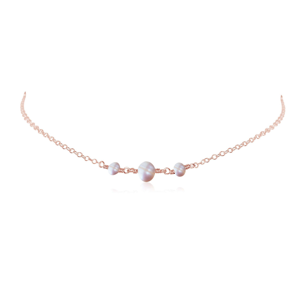 White Freshwater Pearl Beaded Chain Choker Necklace - White Freshwater Pearl Beaded Chain Choker Necklace - 14k Rose Gold Fill - Luna Tide Handmade Crystal Jewellery