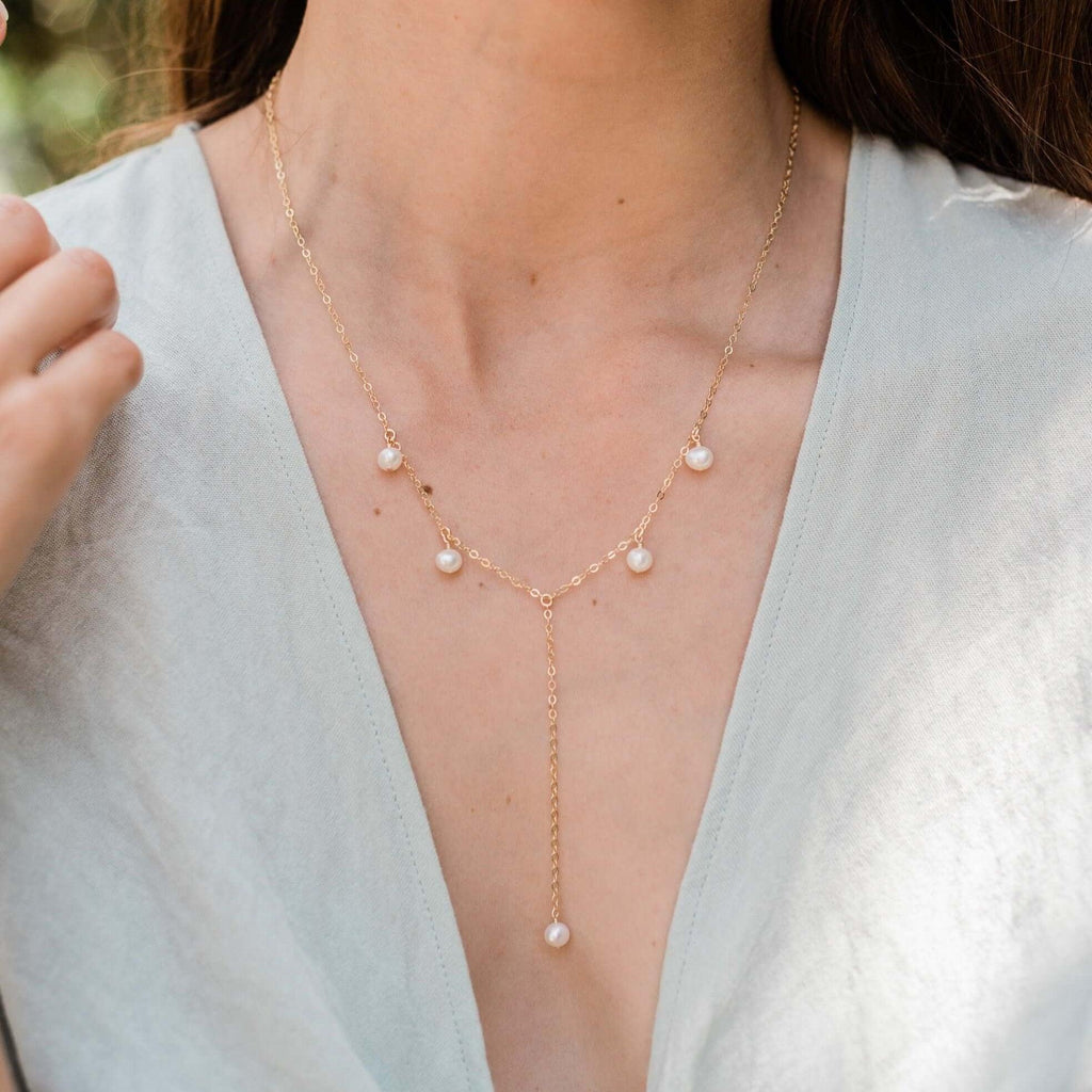 White Freshwater Pearl Boho Lariat Necklace - White Freshwater Pearl Boho Lariat Necklace - 14k Gold Fill - Luna Tide Handmade Crystal Jewellery