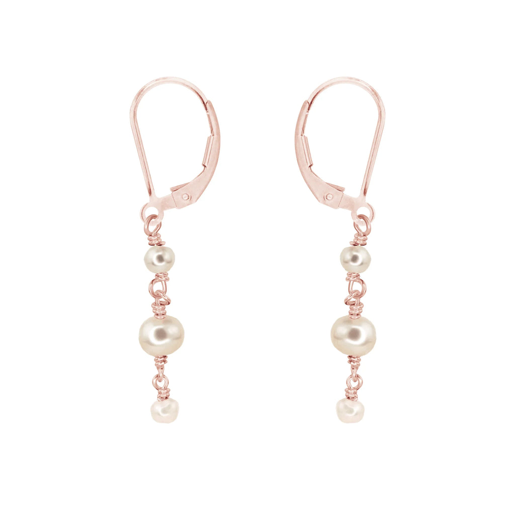 White Freshwater Pearl Crystal Beaded Chain Dangle Leverback Earrings - White Freshwater Pearl Crystal Beaded Chain Dangle Leverback Earrings - 14k Rose Gold Fill - Luna Tide Handmade Crystal Jewellery