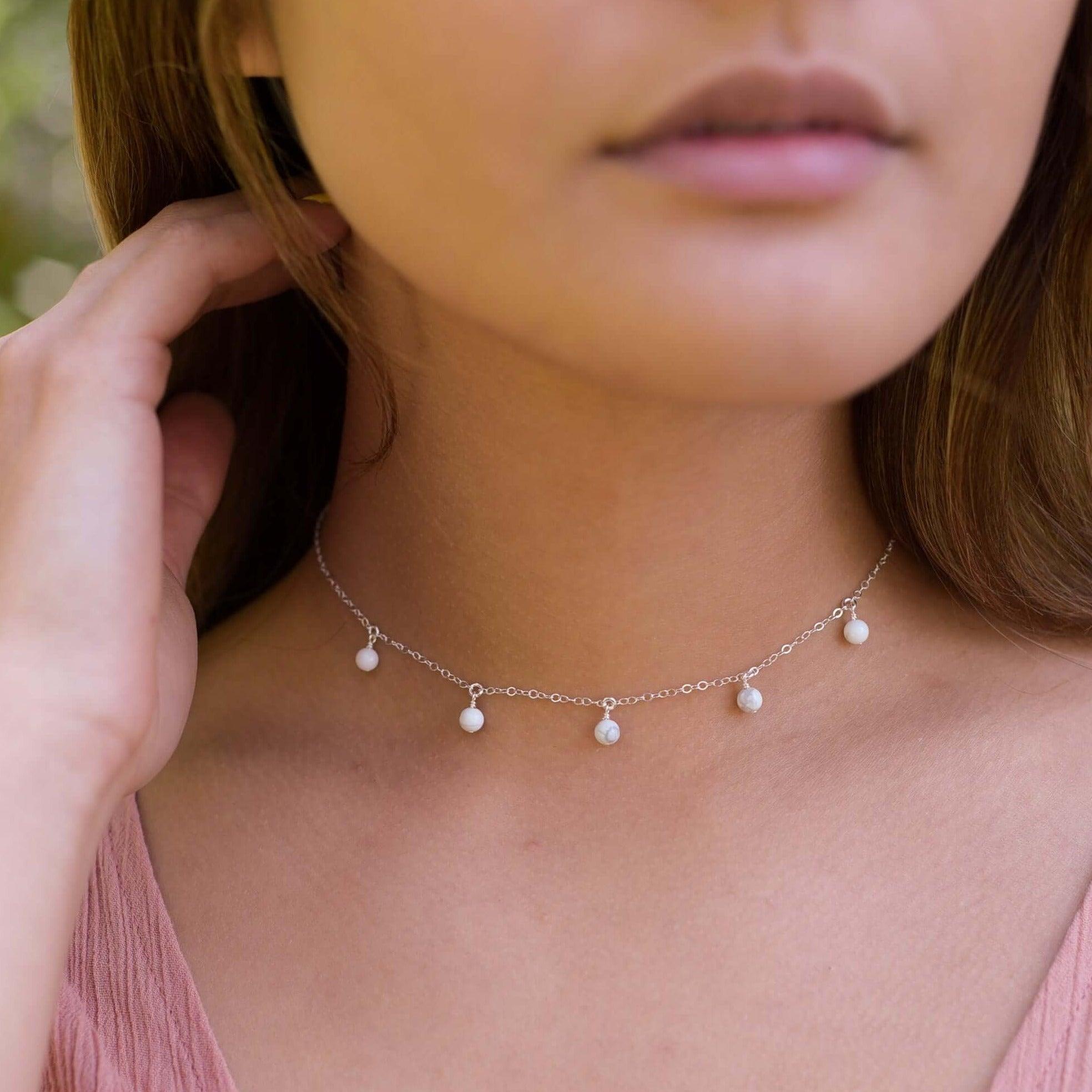 White Howlite Bead Drop Choker - White Howlite Bead Drop Choker - Sterling Silver - Luna Tide Handmade Crystal Jewellery