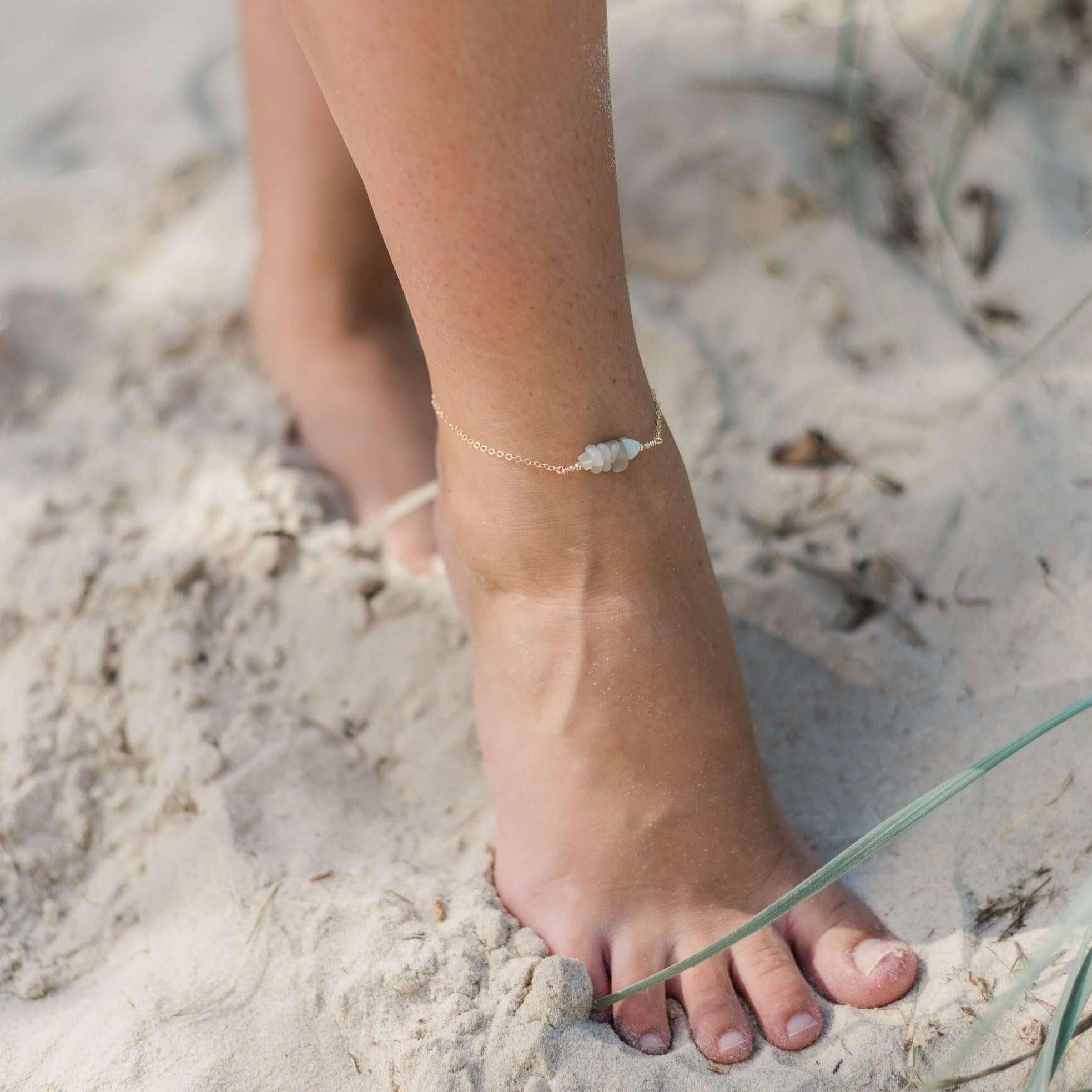 White moonstone Chip Bead Bar Anklet - White moonstone Chip Bead Bar Anklet - Sterling Silver - Luna Tide Handmade Crystal Jewellery