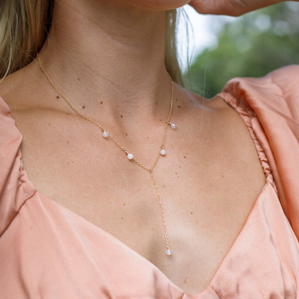 White Selenite Crystal Boho Lariat Necklace - White Selenite Crystal Boho Lariat Necklace - Sterling Silver - Luna Tide Handmade Crystal Jewellery